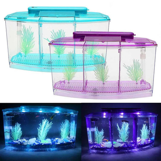 450ML Arylic Aquarium with 3 Compartments Mini Fish Tank Water Grass 6 LED Lights Water Filtering Tube