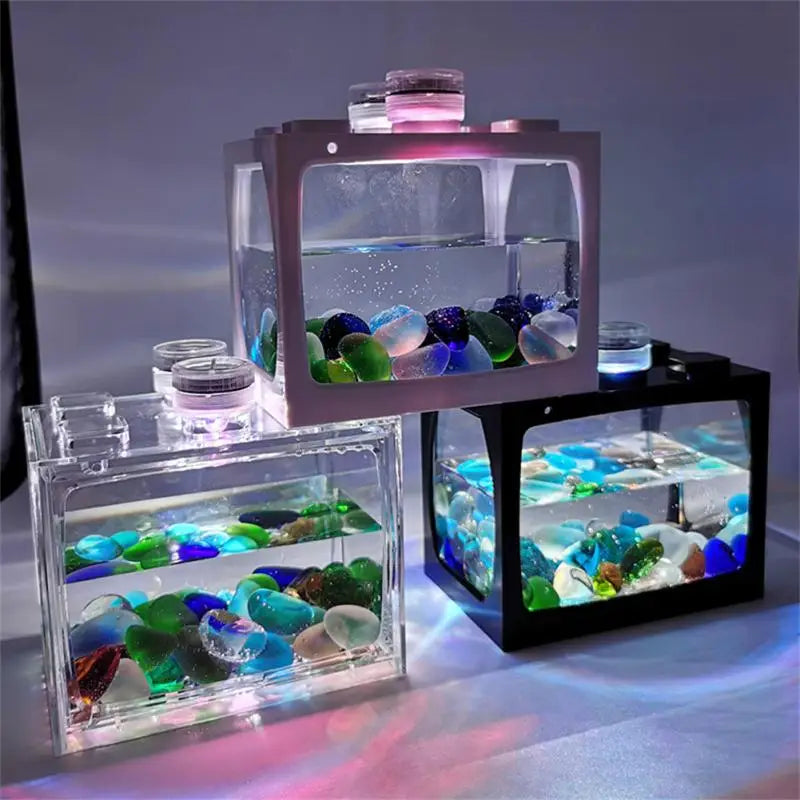 New Small Fish Tank With Seven-color LED Lights Desktop Creative Micro Landscape Ecological Tank DIY Mini Tropical Fish Aquarium