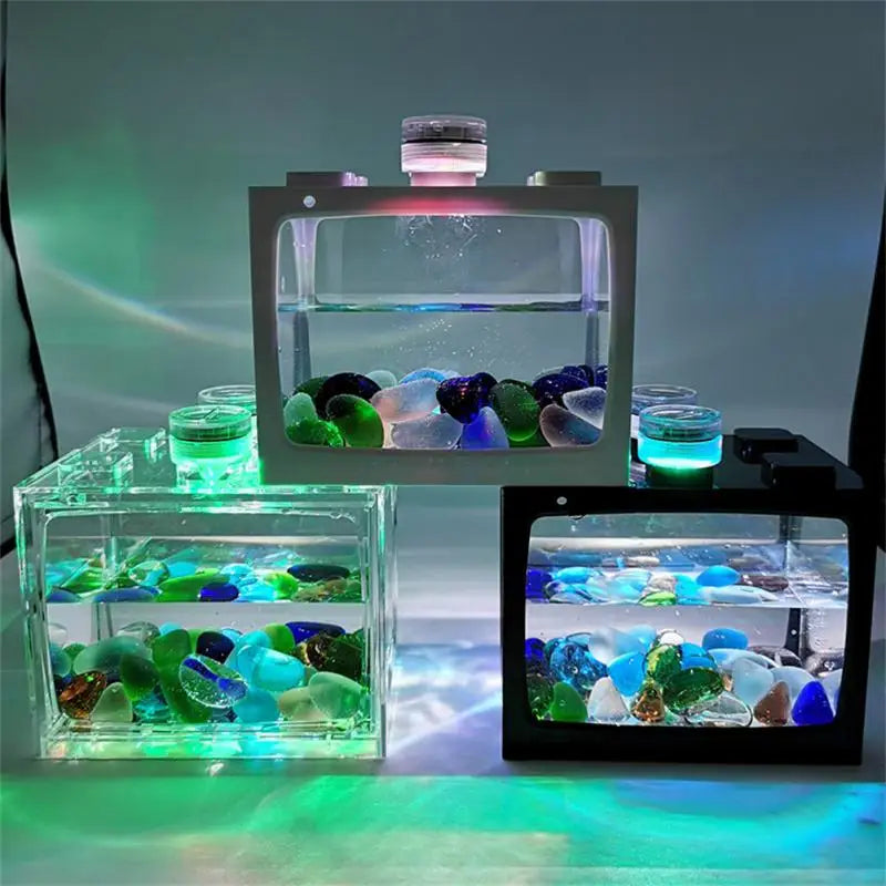 New Small Fish Tank With Seven-color LED Lights Desktop Creative Micro Landscape Ecological Tank DIY Mini Tropical Fish Aquarium