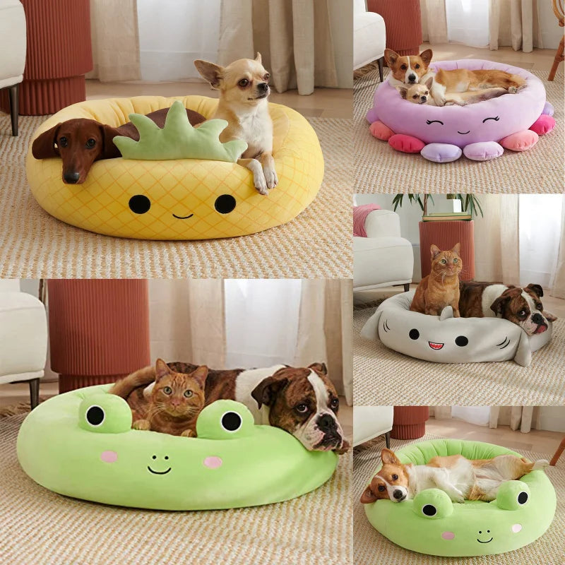 Cartoon Pet Bed Dog Bed Cat Bed Soft Breathable Frog Octopus Pineapple Dolphin Round Pet Nest Antibacterial All Four Seasons Mat