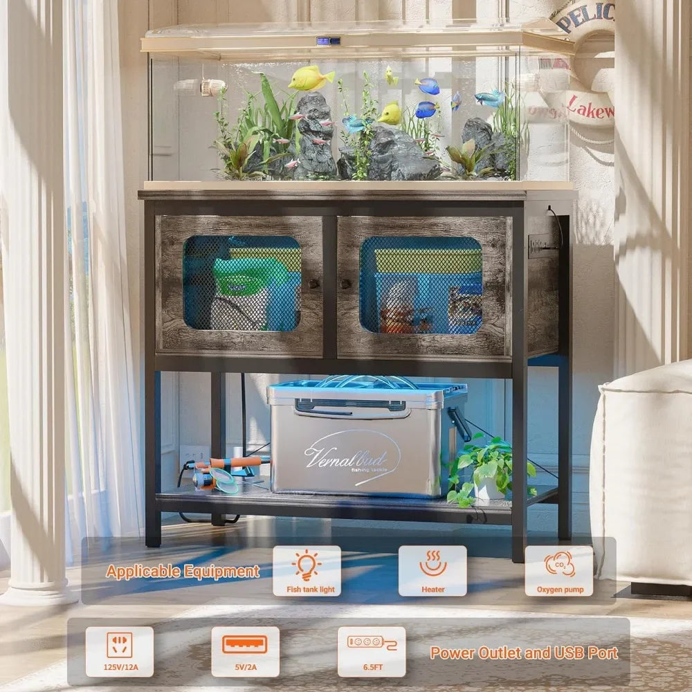40 Gallon Fish Tank Stand with Magic Power Outlets and Smart LED Lights, Aquarium Stand with Storage Cabinet