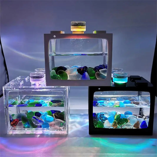 New Small Fish Tank With Seven-color LED Lights Desktop Creative Micro Landscape Ecological Tank DIY Mini Tropical Fish Aquarium