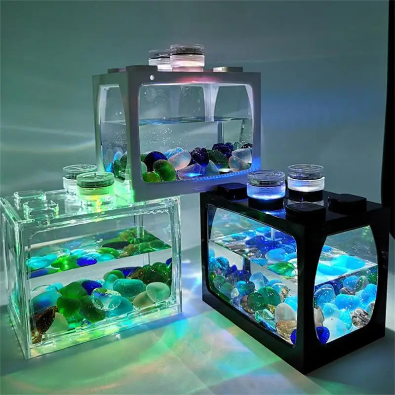 New Small Fish Tank With Seven-color LED Lights Desktop Creative Micro Landscape Ecological Tank DIY Mini Tropical Fish Aquarium