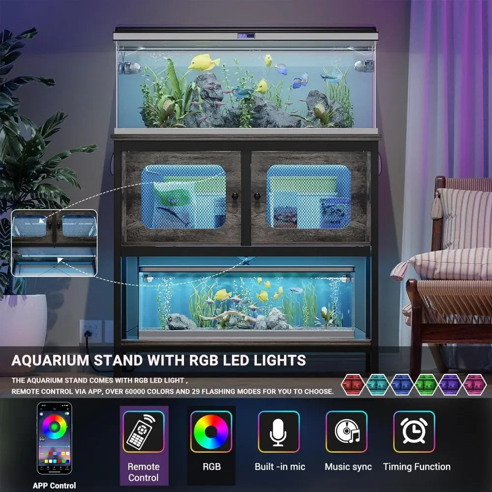40 Gallon Fish Tank Stand with Magic Power Outlets and Smart LED Lights, Aquarium Stand with Storage Cabinet