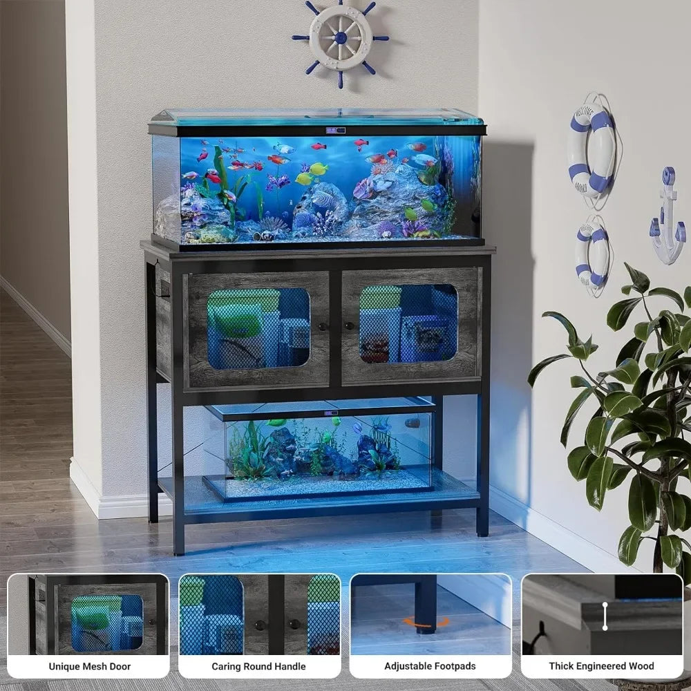 40 Gallon Fish Tank Stand with Magic Power Outlets and Smart LED Lights, Aquarium Stand with Storage Cabinet